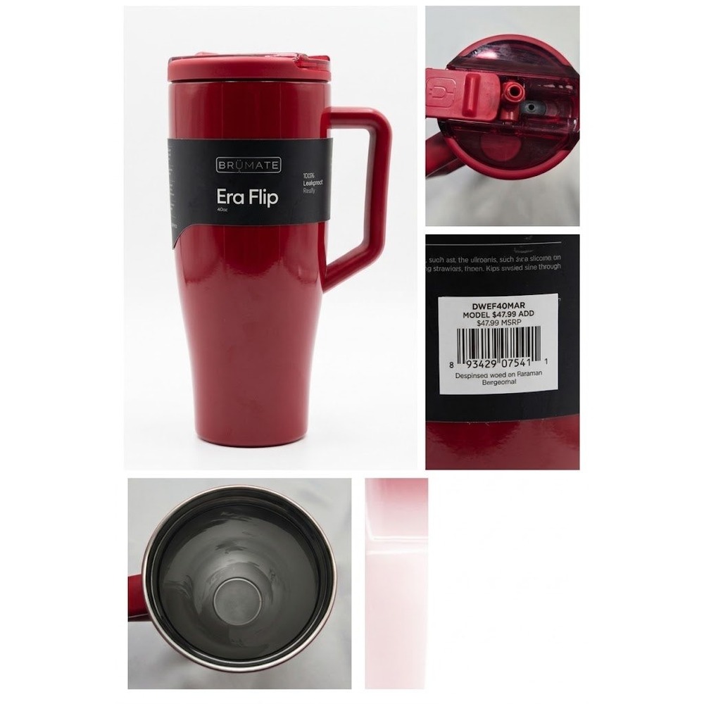 Brumate Era Flip 40 oz Tumbler Handle Straw Maroon Leakproof Water Bottle New